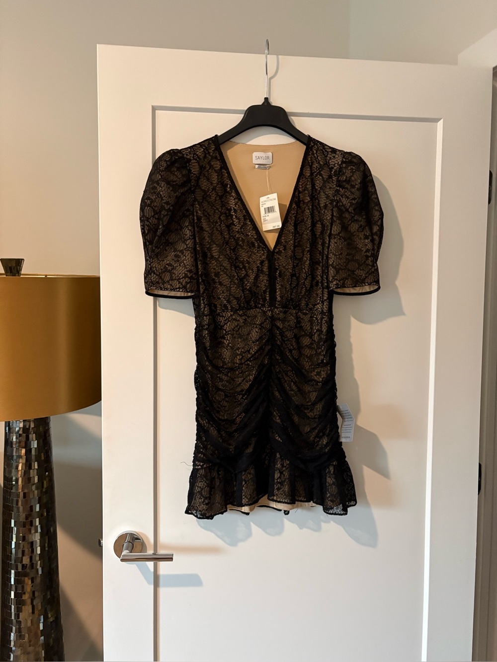 Saylor Black Lace Ruched Mini Dress
